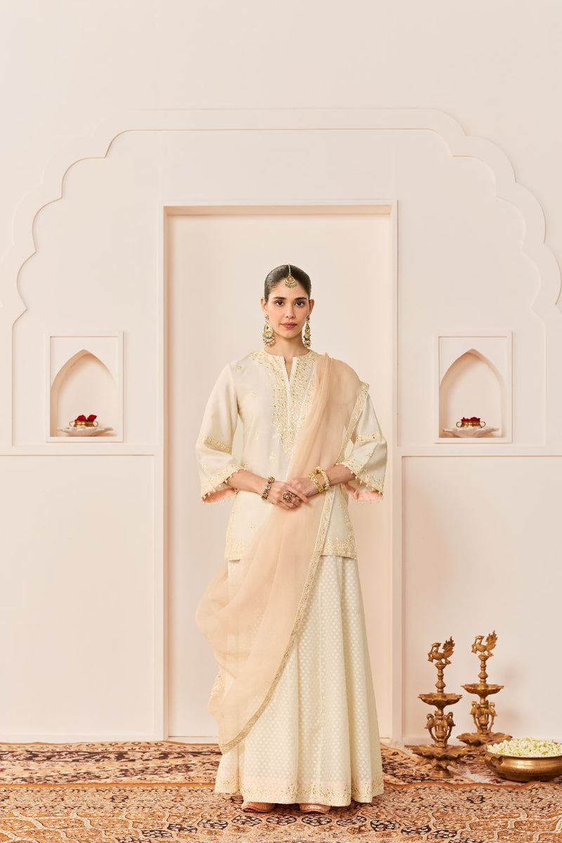 REHMA -DAISY IVORY SHORT KURTA WITH SHARARA AND DUPATTA chanderi silk kurta/kurta set by SHEETAL BATRA in daisy ivory with carnation pink for women in Singapore