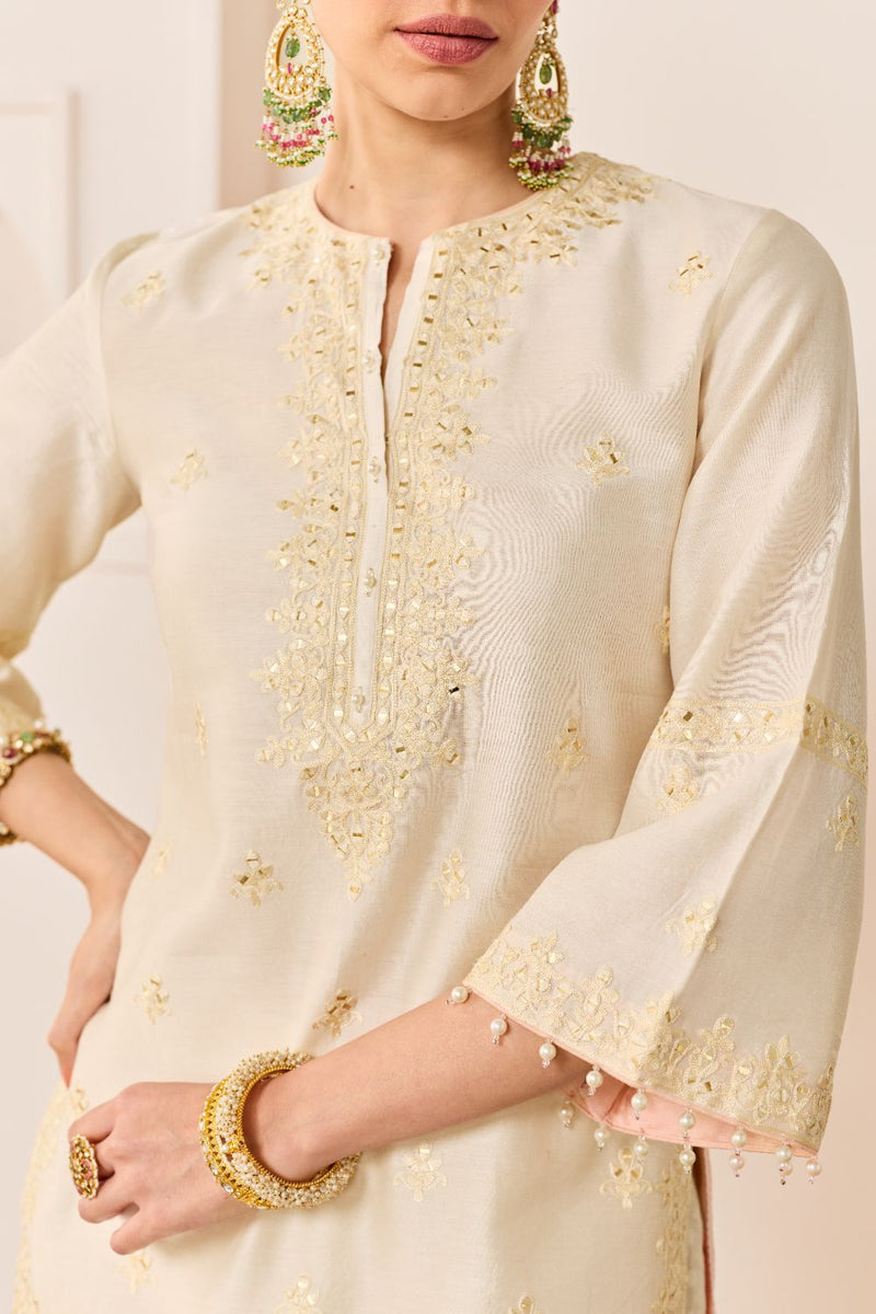 REHMA -DAISY IVORY SHORT KURTA WITH SHARARA AND DUPATTA chanderi silk kurta/kurta set by SHEETAL BATRA in daisy ivory with carnation pink for women in Singapore
