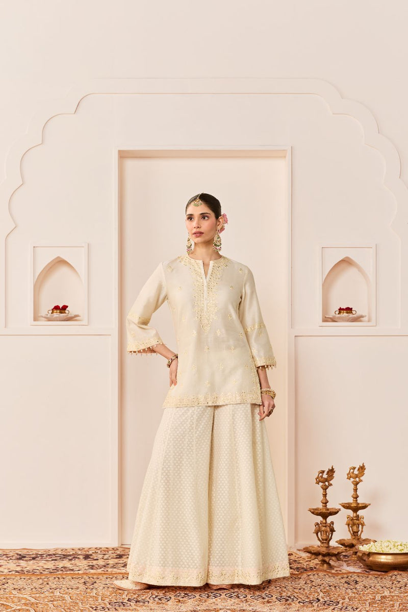 REHMA -DAISY IVORY SHORT KURTA WITH SHARARA AND DUPATTA chanderi silk kurta/kurta set by SHEETAL BATRA in daisy ivory with carnation pink for women in Singapore