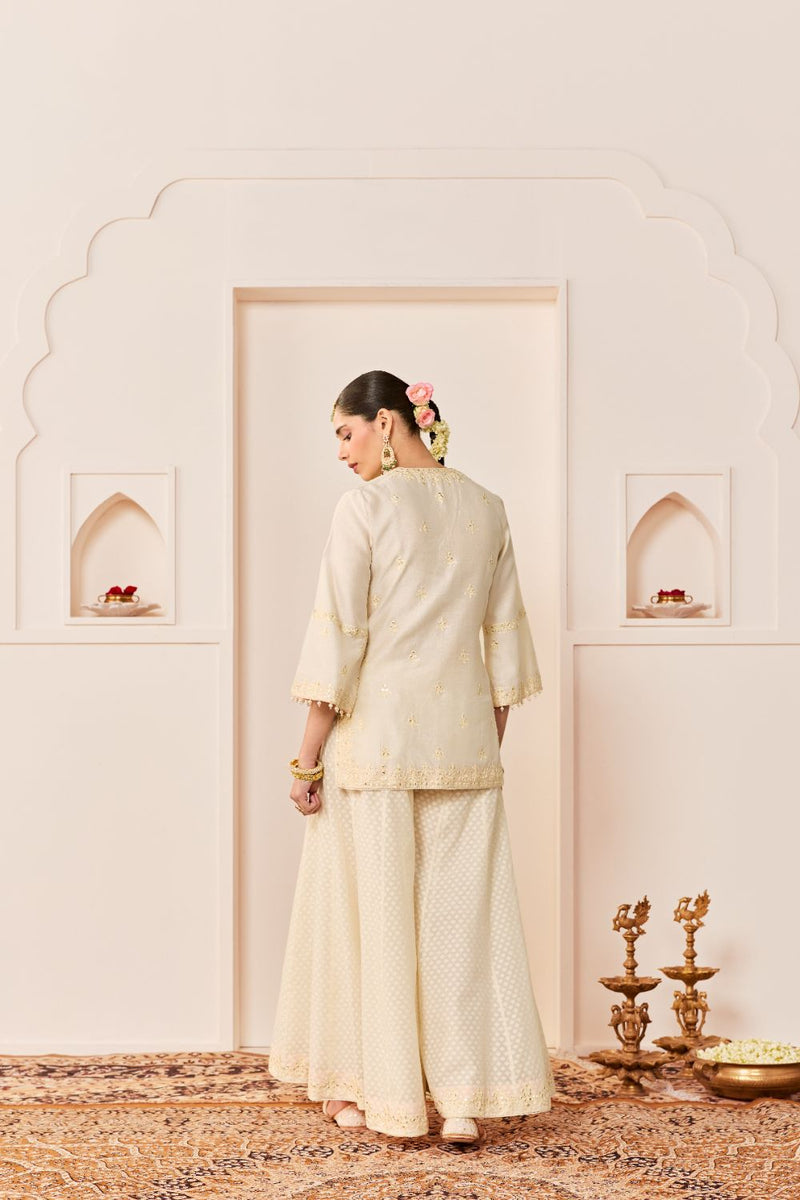 REHMA -DAISY IVORY SHORT KURTA WITH SHARARA AND DUPATTA chanderi silk kurta/kurta set by SHEETAL BATRA in daisy ivory with carnation pink for women in Singapore