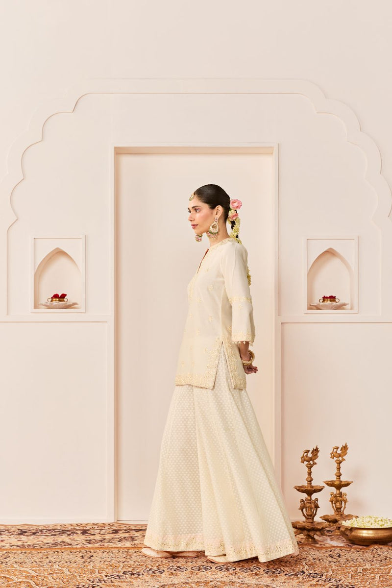 REHMA -DAISY IVORY SHORT KURTA WITH SHARARA AND DUPATTA chanderi silk kurta/kurta set by SHEETAL BATRA in daisy ivory with carnation pink for women in Singapore