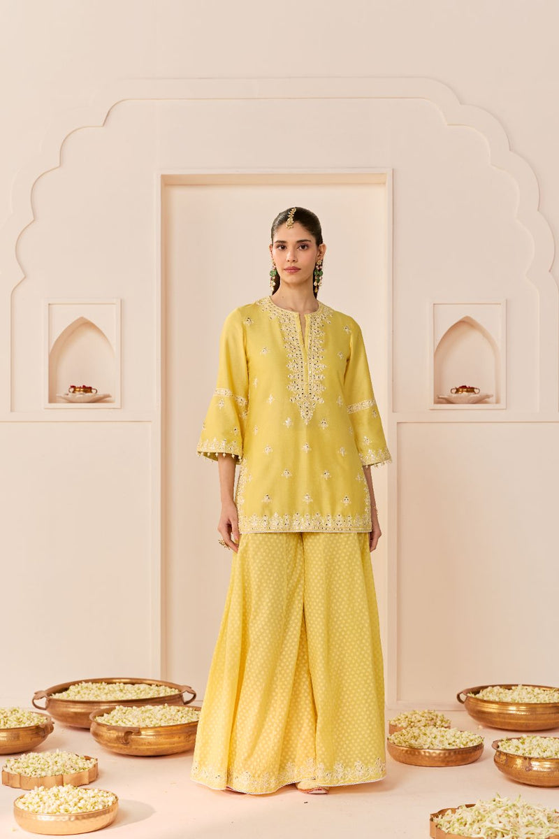 REHMA - LEMON YELLOW SHORT KURTA WITH SHARARA AND DUPATTA chanderi silk kurta/kurta set by SHEETAL BATRA in lemon yellow with mint green for women in Singapore