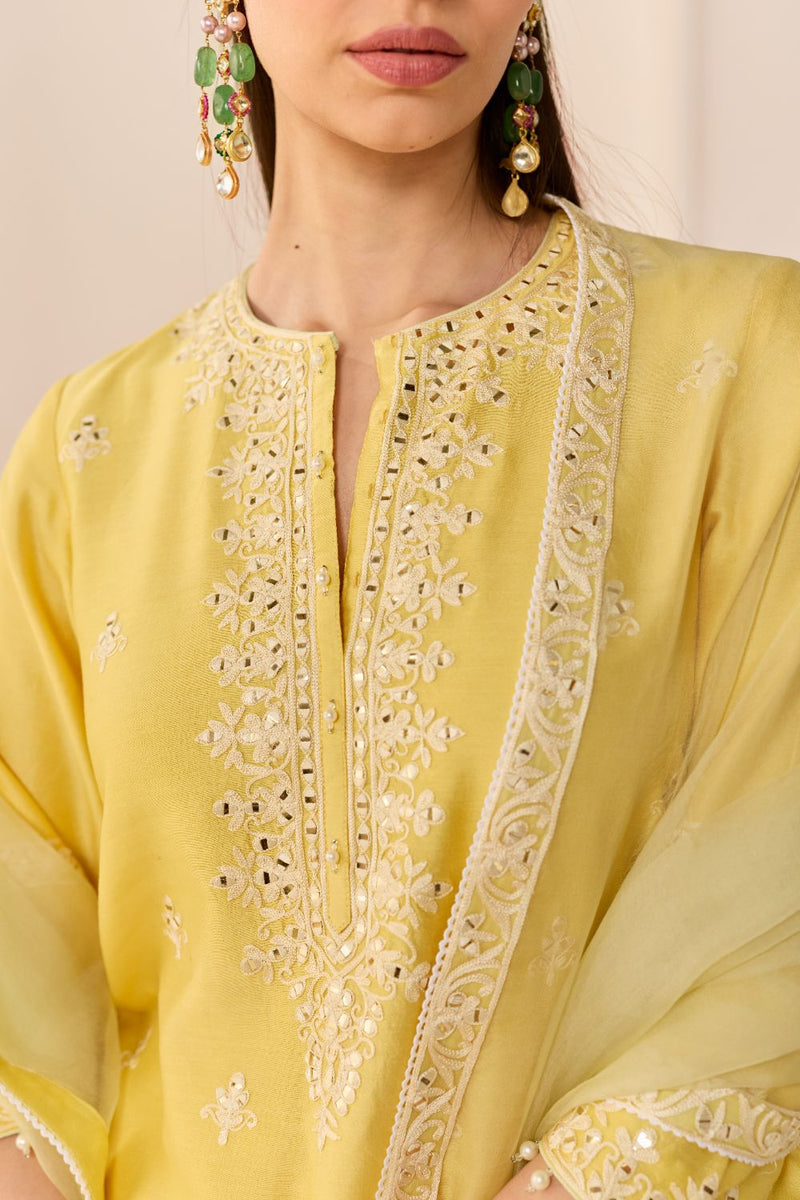 REHMA - LEMON YELLOW SHORT KURTA WITH SHARARA AND DUPATTA chanderi silk kurta/kurta set by SHEETAL BATRA in lemon yellow with mint green for women in Singapore