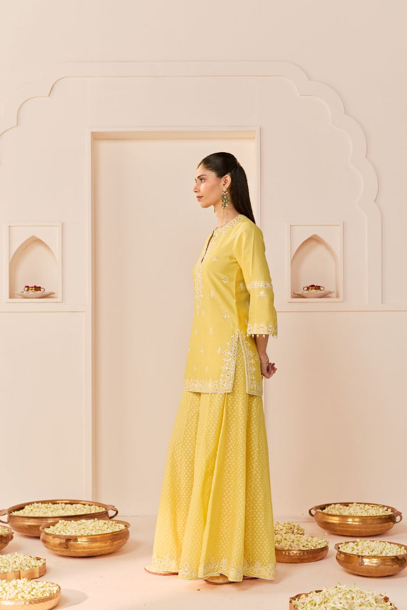 REHMA - LEMON YELLOW SHORT KURTA WITH SHARARA AND DUPATTA chanderi silk kurta/kurta set by SHEETAL BATRA in lemon yellow with mint green for women in Singapore