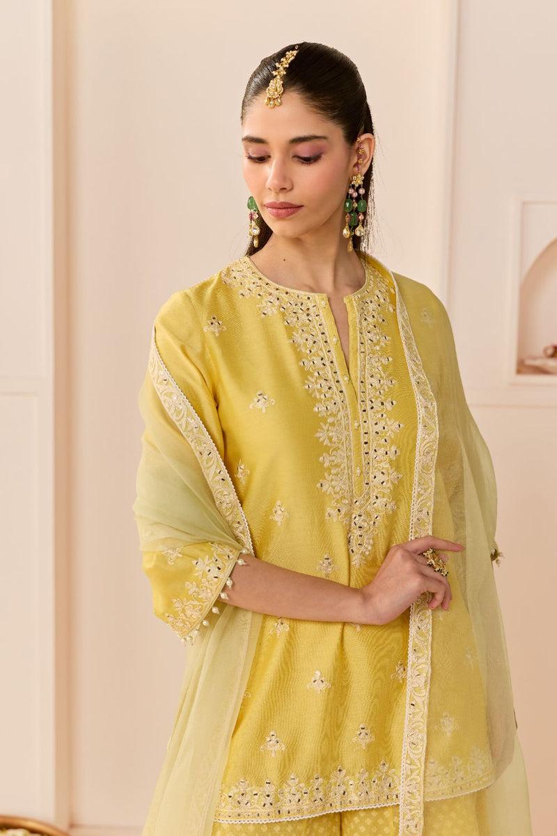 REHMA - LEMON YELLOW SHORT KURTA WITH SHARARA AND DUPATTA chanderi silk kurta/kurta set by SHEETAL BATRA in lemon yellow with mint green for women in Singapore