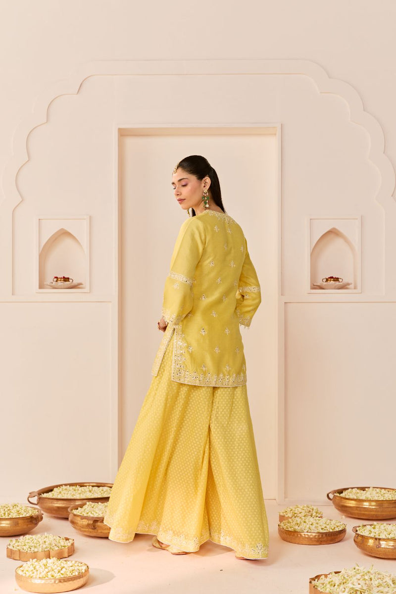 REHMA - LEMON YELLOW SHORT KURTA WITH SHARARA AND DUPATTA chanderi silk kurta/kurta set by SHEETAL BATRA in lemon yellow with mint green for women in Singapore