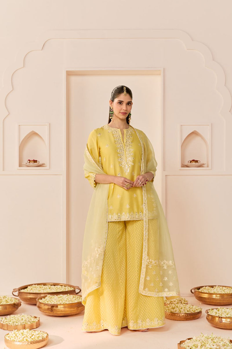 REHMA - LEMON YELLOW SHORT KURTA WITH SHARARA AND DUPATTA chanderi silk kurta/kurta set by SHEETAL BATRA in lemon yellow with mint green for women in Singapore