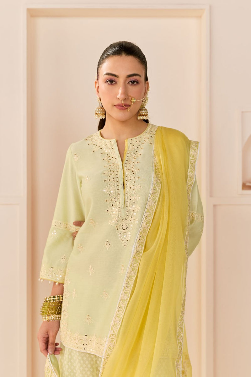 REHMA - MINT GREEN SHORT KURTA WITH SHARARA AND DUPATTA chanderi silk kurta/kurta set by SHEETAL BATRA in mint green with lemon yellow for women in Singapore