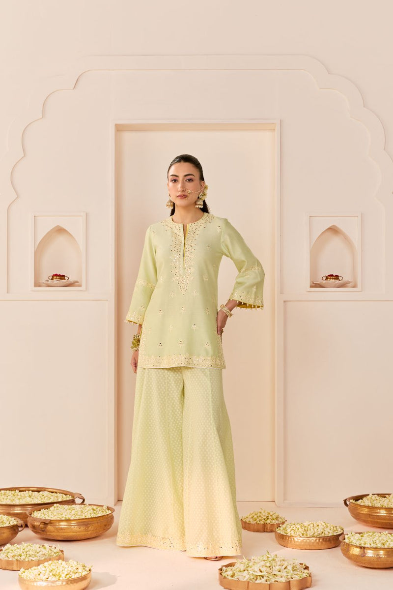REHMA - MINT GREEN SHORT KURTA WITH SHARARA AND DUPATTA chanderi silk kurta/kurta set by SHEETAL BATRA in mint green with lemon yellow for women in Singapore