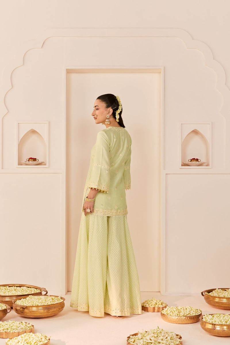 REHMA - MINT GREEN SHORT KURTA WITH SHARARA AND DUPATTA chanderi silk kurta/kurta set by SHEETAL BATRA in mint green with lemon yellow for women in Singapore