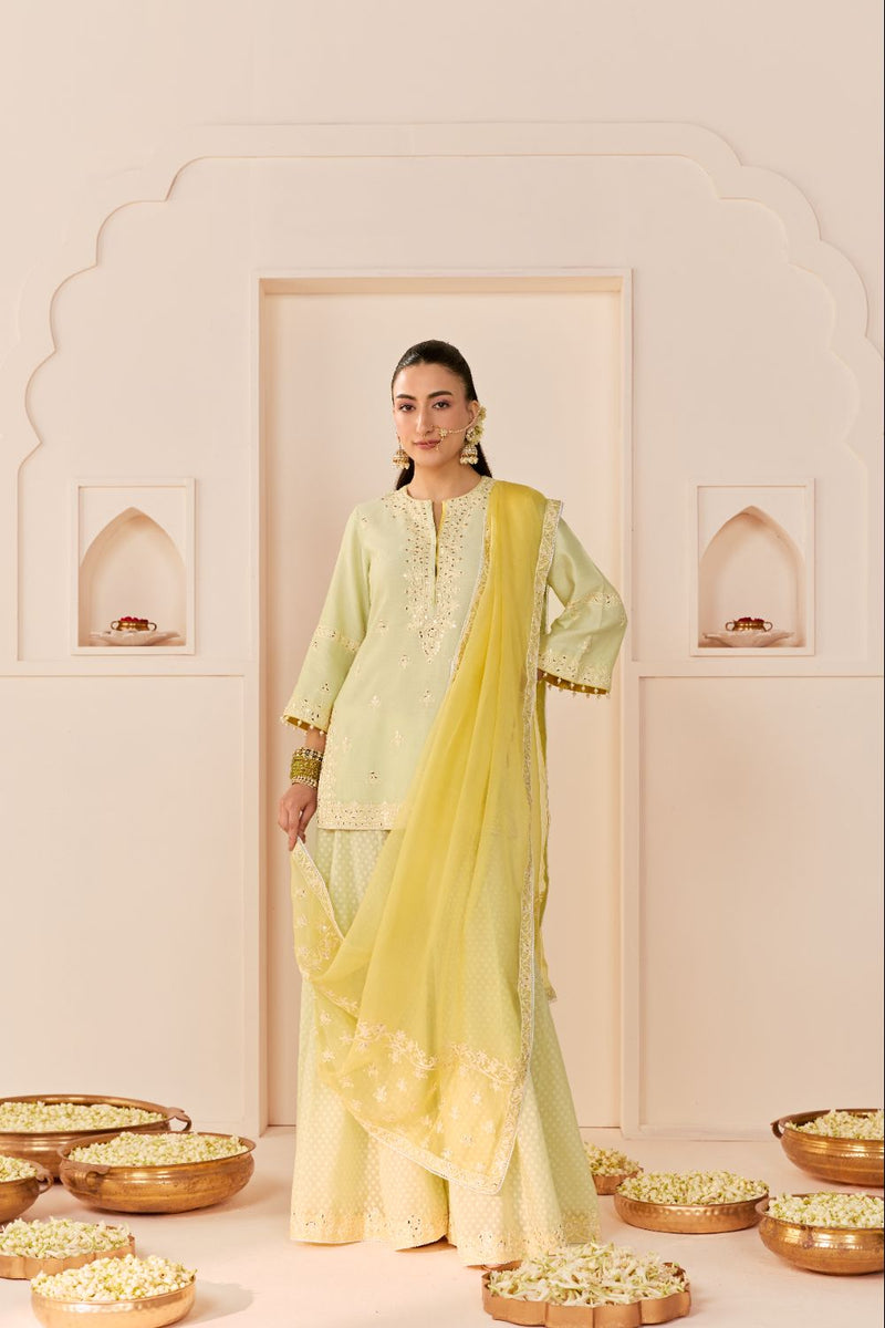 REHMA - MINT GREEN SHORT KURTA WITH SHARARA AND DUPATTA chanderi silk kurta/kurta set by SHEETAL BATRA in mint green with lemon yellow for women in Singapore