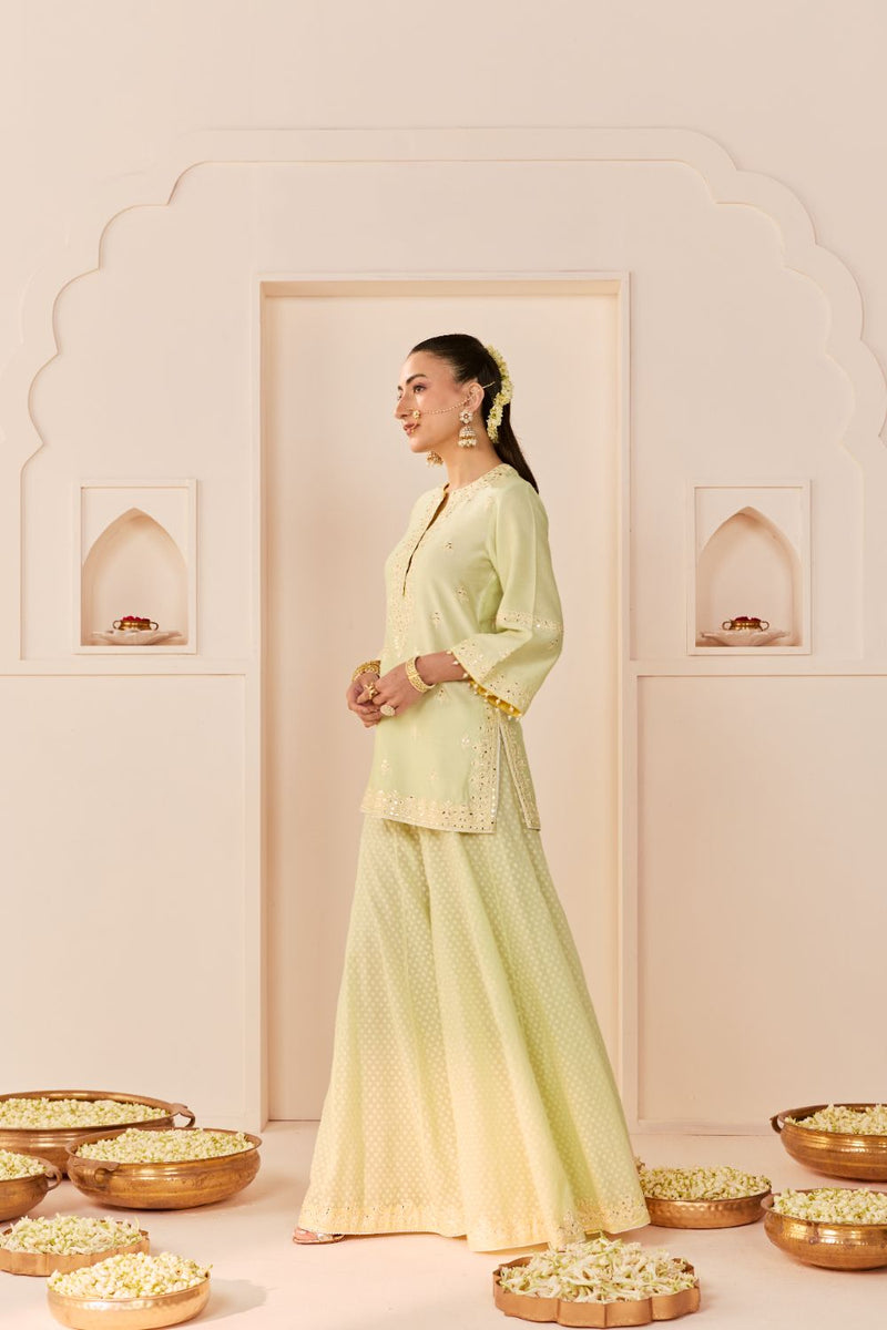 REHMA - MINT GREEN SHORT KURTA WITH SHARARA AND DUPATTA chanderi silk kurta/kurta set by SHEETAL BATRA in mint green with lemon yellow for women in Singapore