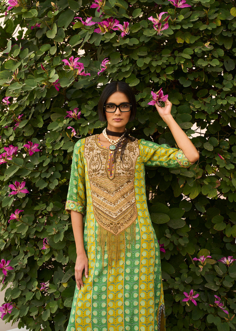 Retro Raani Tissue Yoke Printed Kaftan Dress crepe dress by Rajiramniq in lime yellow for women in Singapore