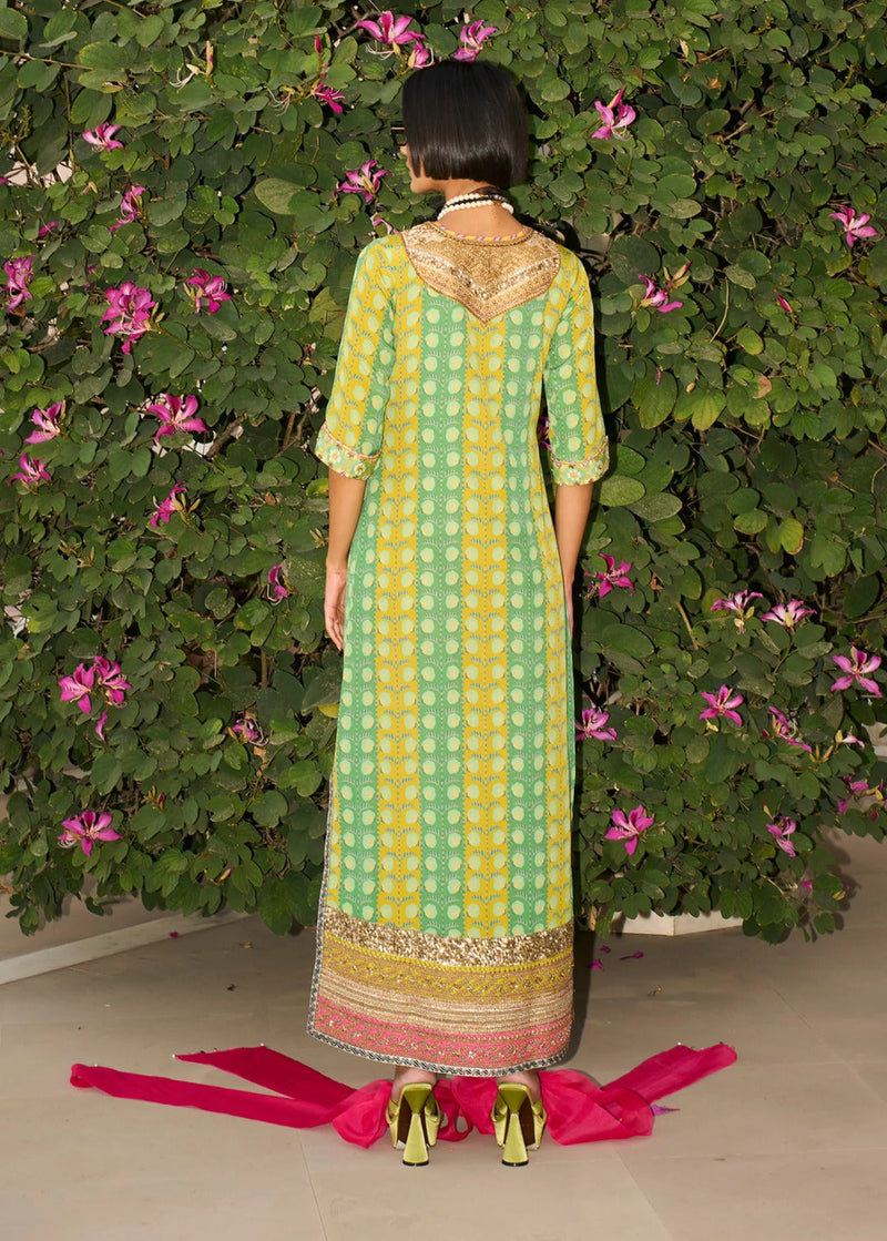 Retro Raani Tissue Yoke Printed Kaftan Dress crepe dress by Rajiramniq in lime yellow for women in Singapore