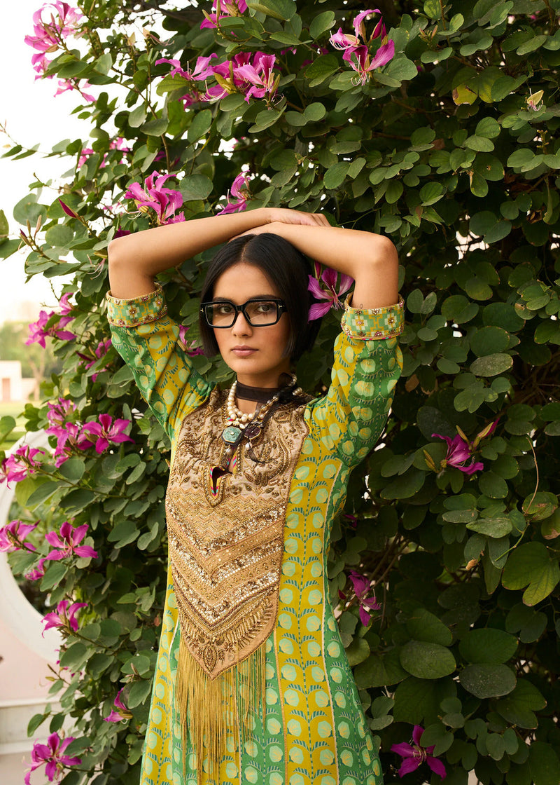 Retro Raani Tissue Yoke Printed Kaftan Dress crepe dress by Rajiramniq in lime yellow for women in Singapore