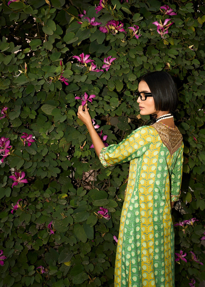 Retro Raani Tissue Yoke Printed Kaftan Dress crepe dress by Rajiramniq in lime yellow for women in Singapore