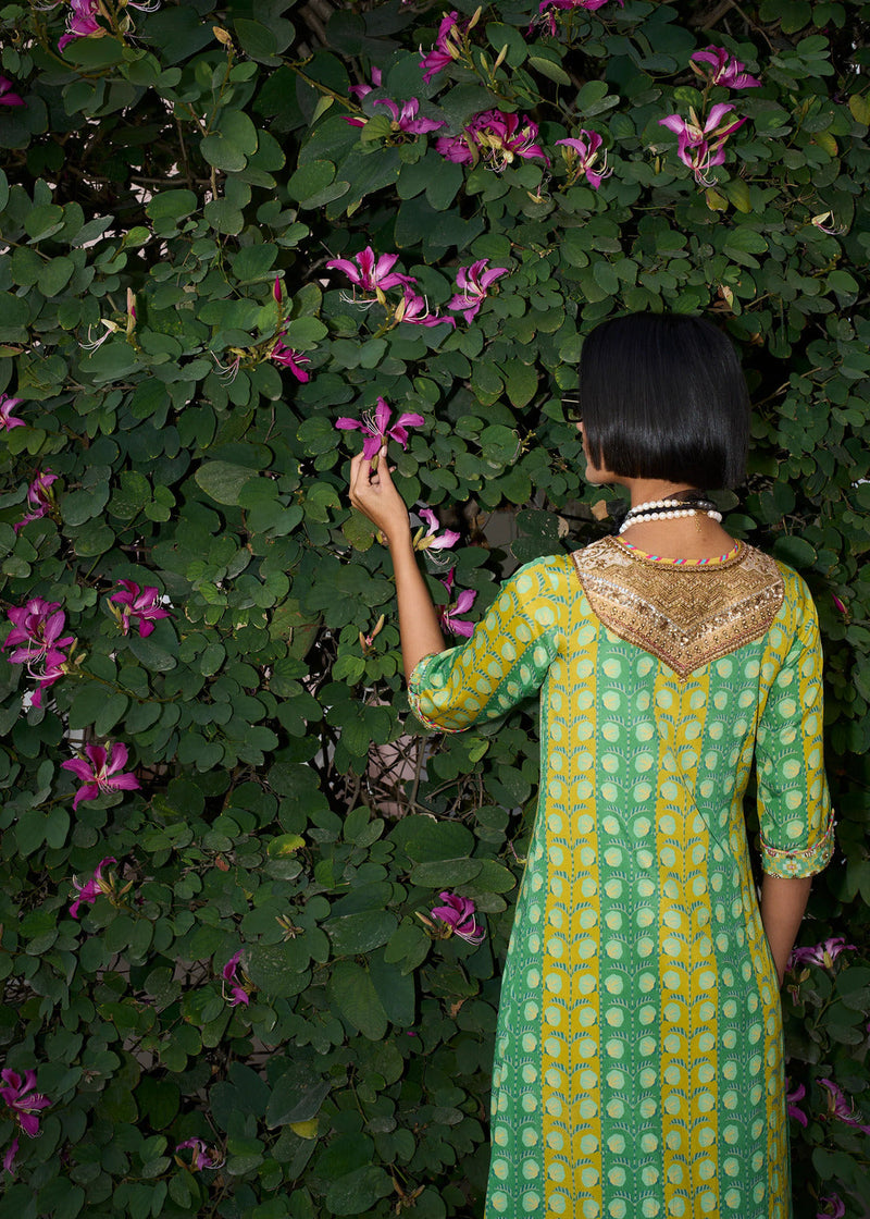 Retro Raani Tissue Yoke Printed Kaftan Dress crepe dress by Rajiramniq in lime yellow for women in Singapore