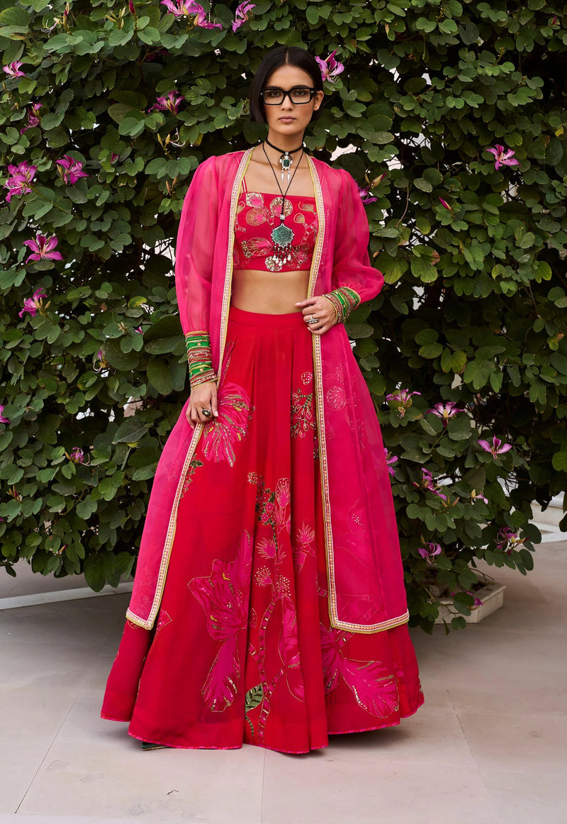 Retro Raani Red- Raani Pink Jacket Lehenga Set crepe, silk organza lehenga sets by in red-raani pink for women in Singapore