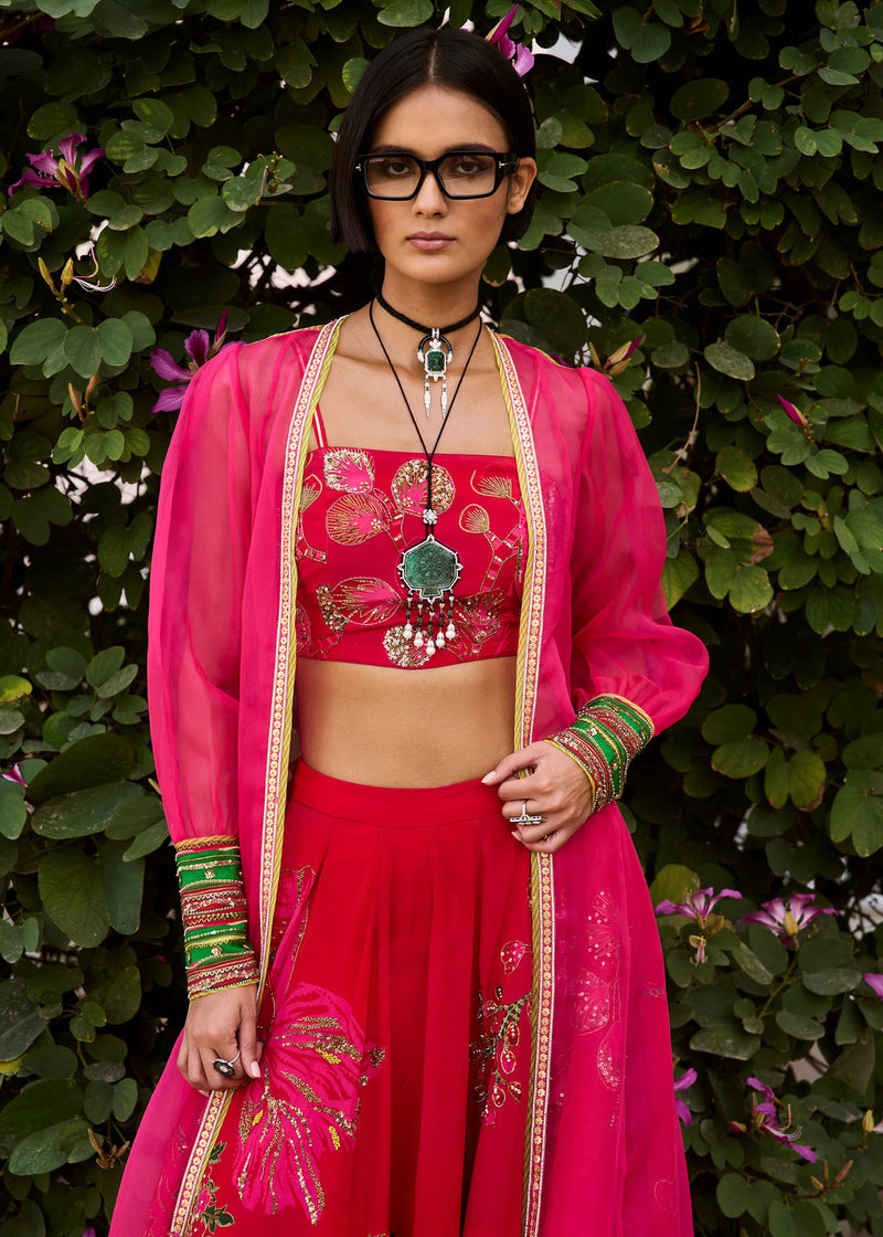 Retro Raani Red- Raani Pink Jacket Lehenga Set crepe, silk organza lehenga sets by in red-raani pink for women in Singapore