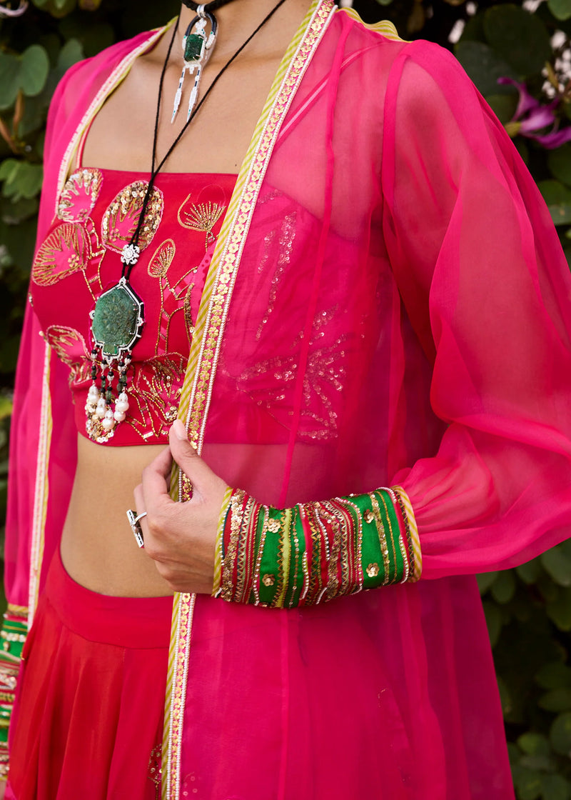 Retro Raani Red- Raani Pink Jacket Lehenga Set crepe, silk organza lehenga sets by in red-raani pink for women in Singapore