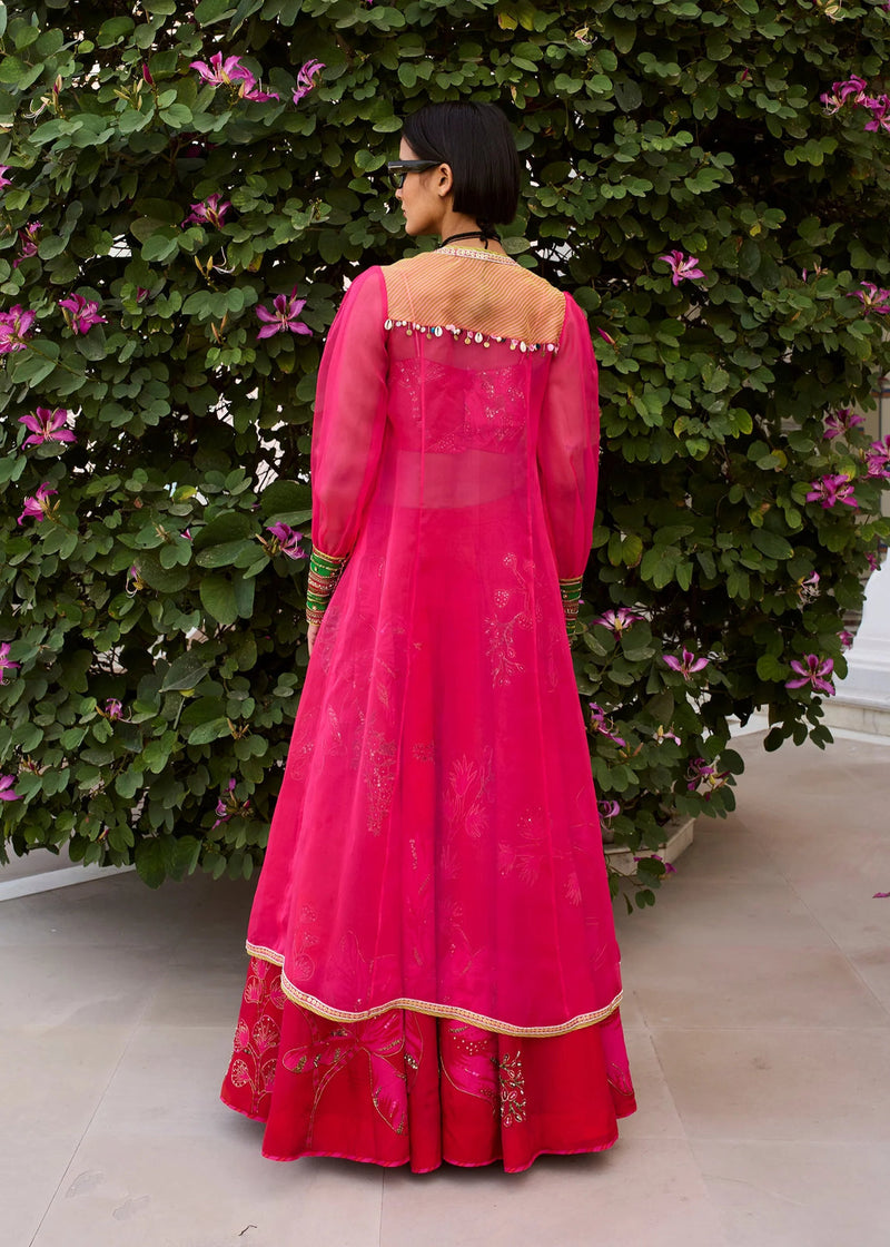 Retro Raani Red- Raani Pink Jacket Lehenga Set crepe, silk organza lehenga sets by in red-raani pink for women in Singapore