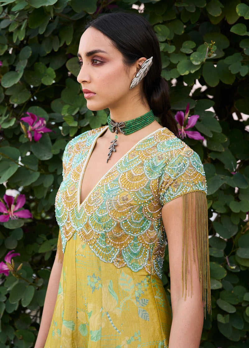Retro Raani Yellow Sage Tissue Anarkali silk tissue kurta/kurta set by in lime yellow for women in Singapore