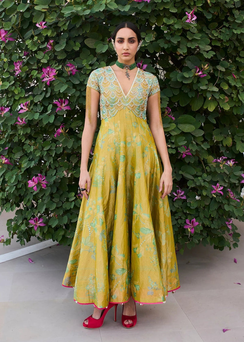 Retro Raani Yellow Sage Tissue Anarkali silk tissue kurta/kurta set by in lime yellow for women in Singapore