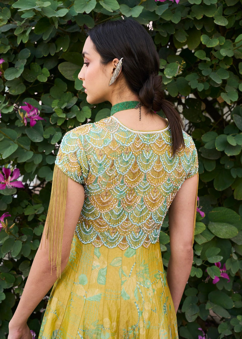 Retro Raani Yellow Sage Tissue Anarkali silk tissue kurta/kurta set by in lime yellow for women in Singapore