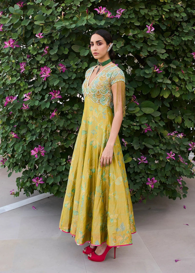 Retro Raani Yellow Sage Tissue Anarkali silk tissue kurta/kurta set by in lime yellow for women in Singapore
