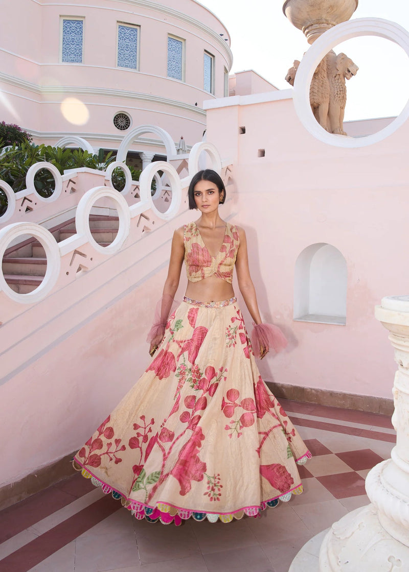 Retro Raani Tissue Waistcoat Lehenga Set silk tissue lehenga sets by Rajiramniq in ivory for women in Singapore