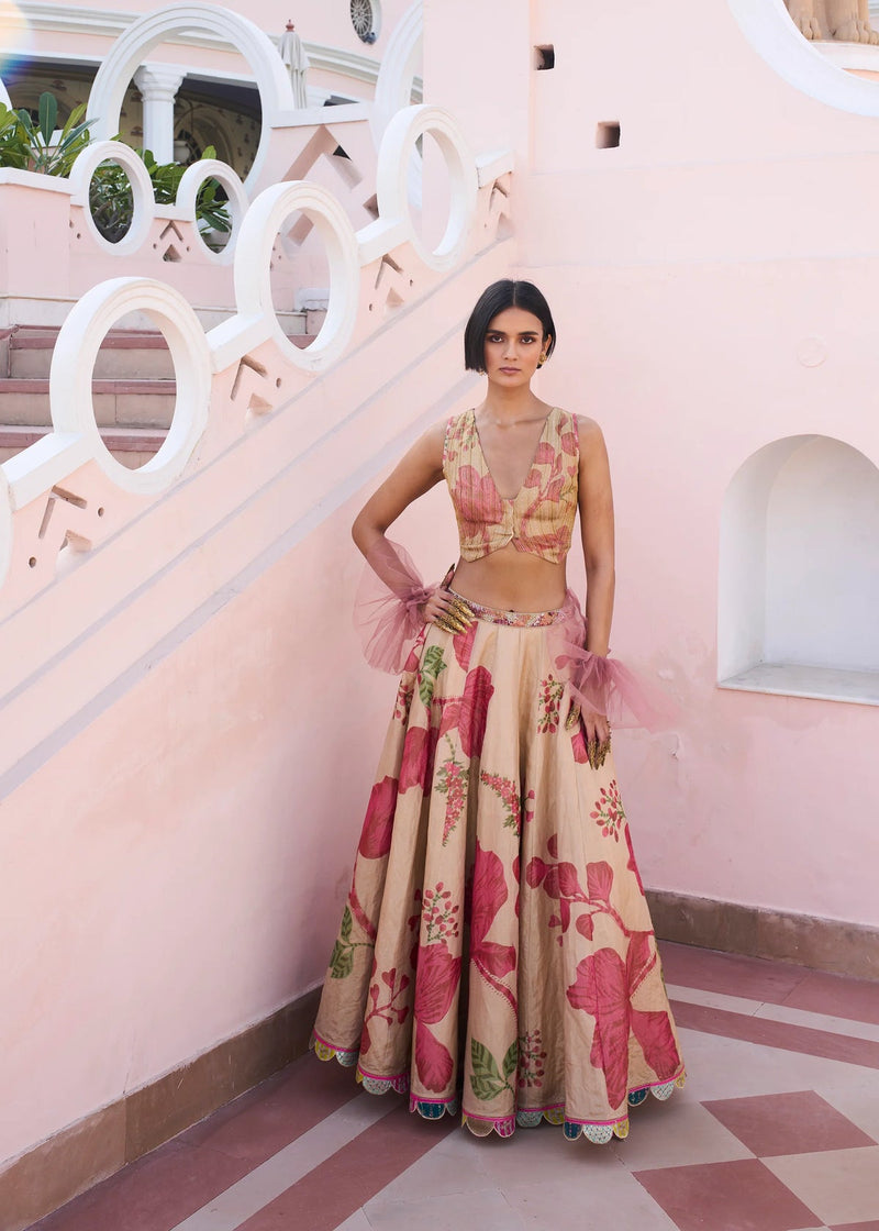 Retro Raani Tissue Waistcoat Lehenga Set silk tissue lehenga sets by Rajiramniq in ivory for women in Singapore