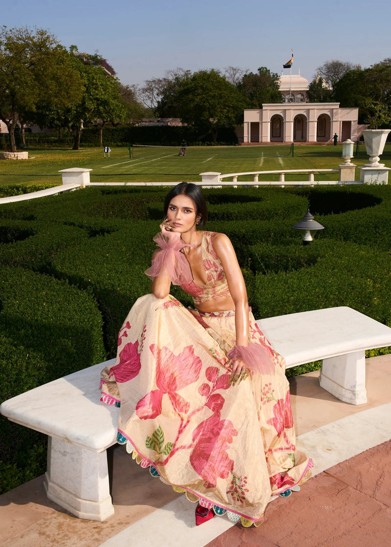 Retro Raani Tissue Waistcoat Lehenga Set silk tissue lehenga sets by Rajiramniq in ivory for women in Singapore