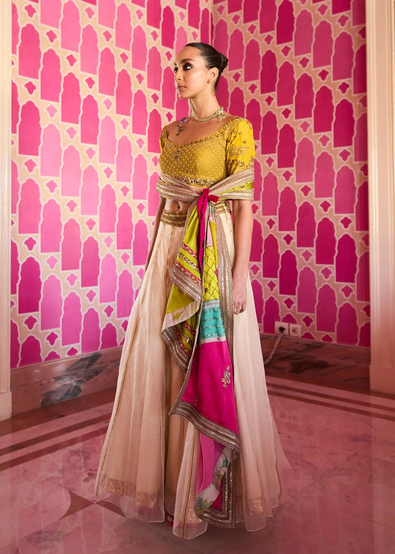 Retro Raani Ivory Organza Lehenga Set silk, silk organza and satin crepe lehenga sets by Rajiramniq in yellow for women in Singapore