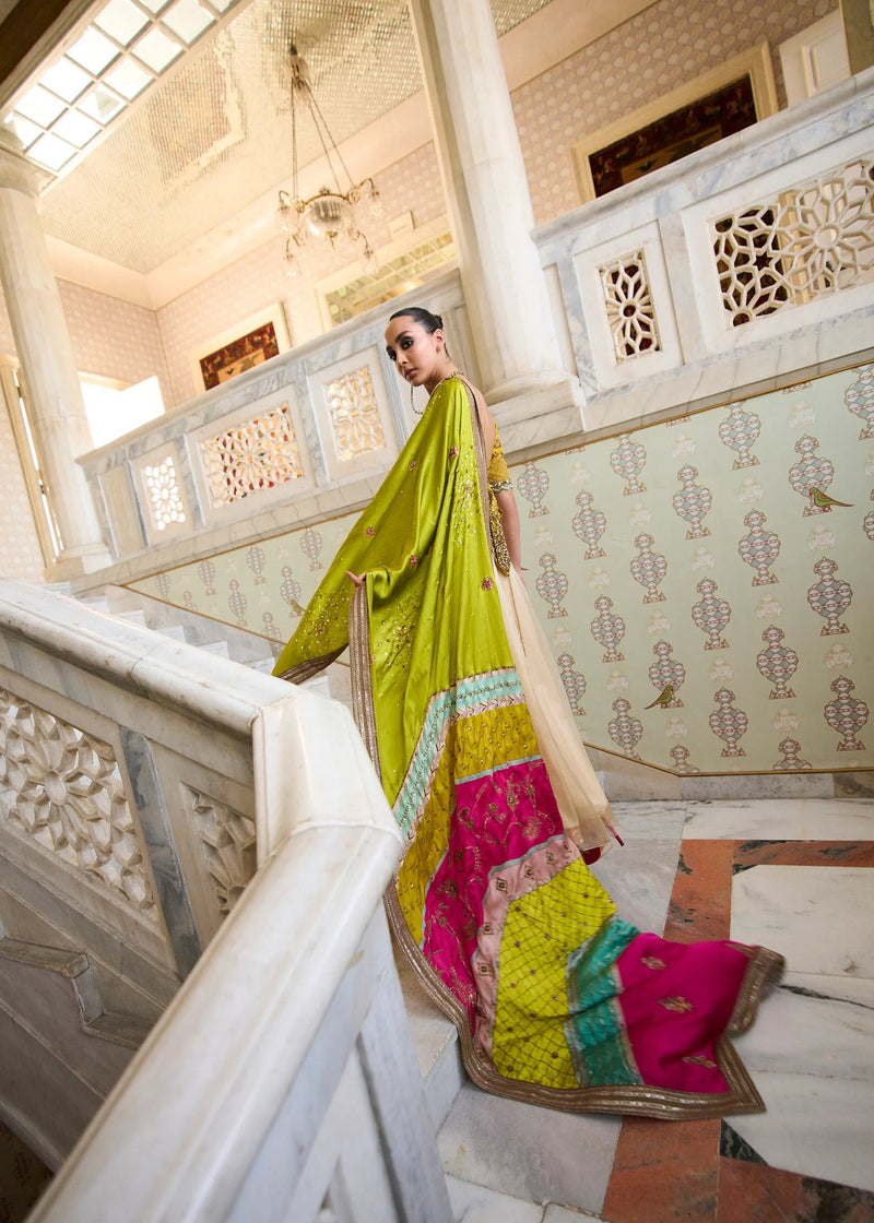 Retro Raani Ivory Organza Lehenga Set silk, silk organza and satin crepe lehenga sets by Rajiramniq in yellow for women in Singapore