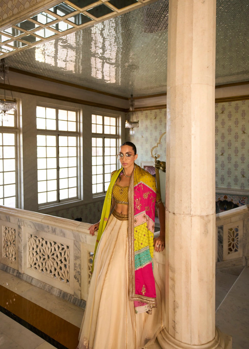 Retro Raani Ivory Organza Lehenga Set silk, silk organza and satin crepe lehenga sets by Rajiramniq in yellow for women in Singapore