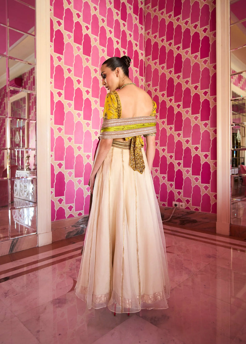 Retro Raani Ivory Organza Lehenga Set silk, silk organza and satin crepe lehenga sets by Rajiramniq in yellow for women in Singapore