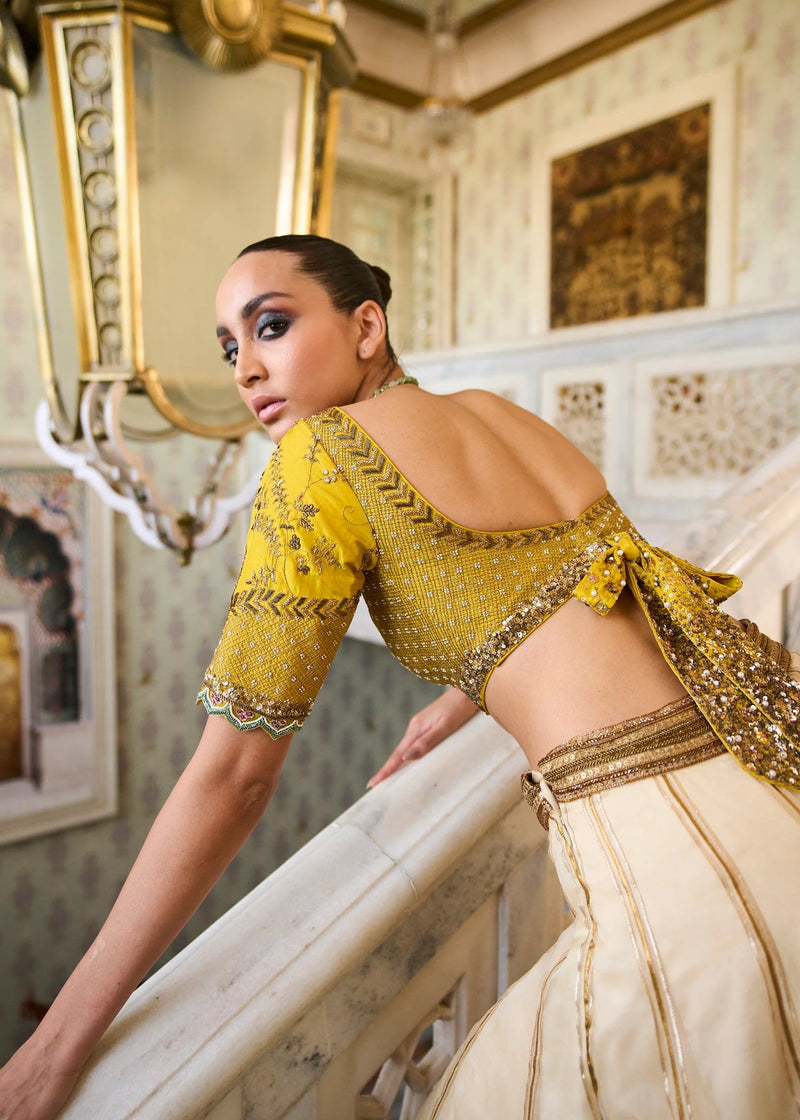 Retro Raani Ivory Organza Lehenga Set silk, silk organza and satin crepe lehenga sets by Rajiramniq in yellow for women in Singapore