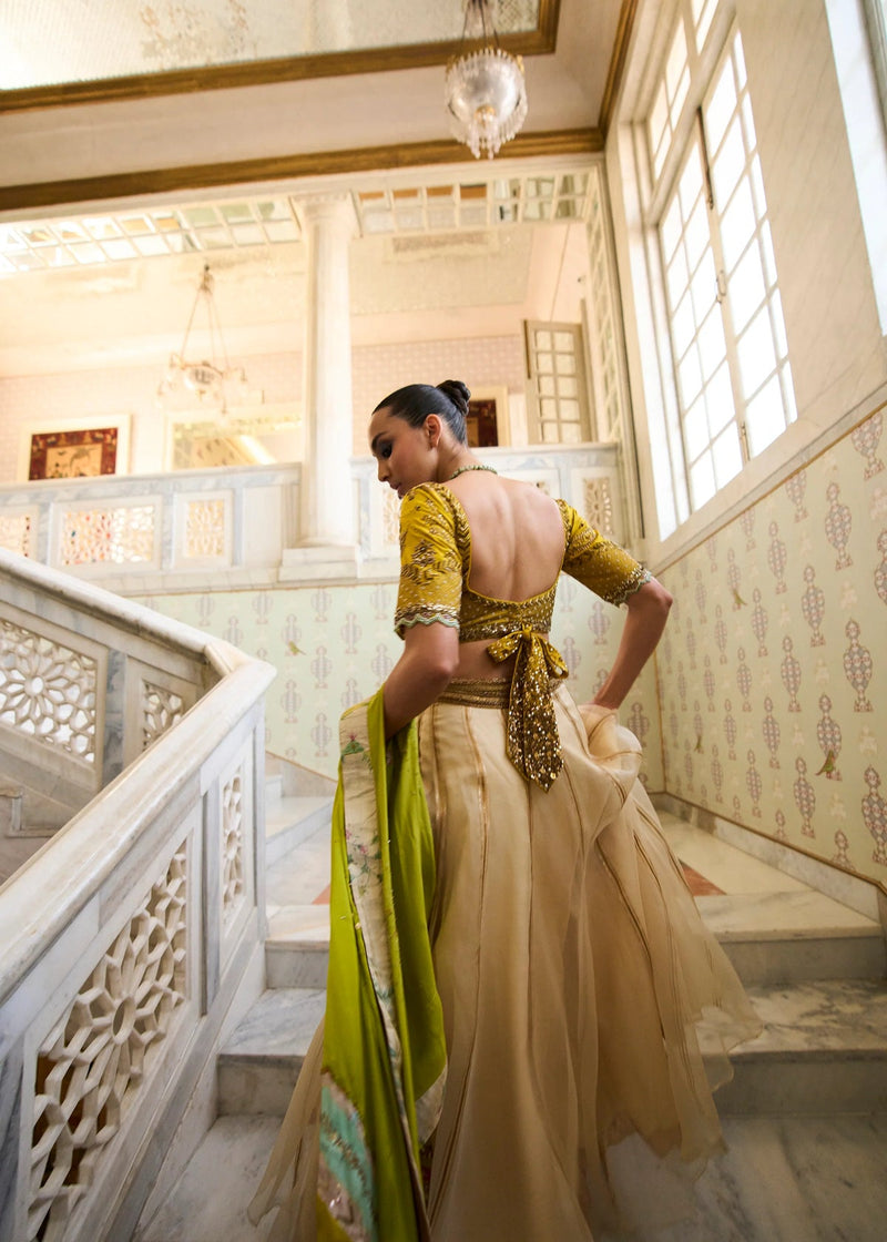 Retro Raani Ivory Organza Lehenga Set silk, silk organza and satin crepe lehenga sets by Rajiramniq in yellow for women in Singapore