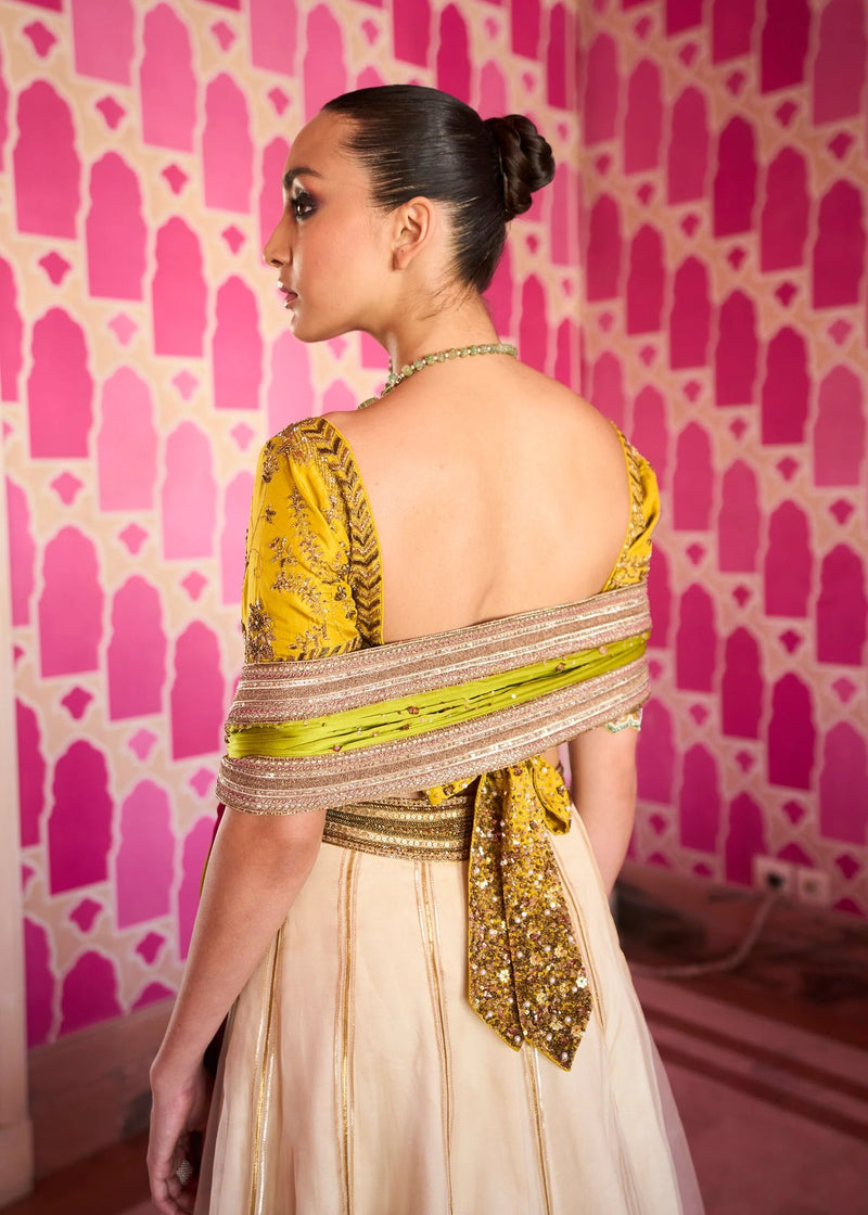 Retro Raani Ivory Organza Lehenga Set silk, silk organza and satin crepe lehenga sets by Rajiramniq in yellow for women in Singapore