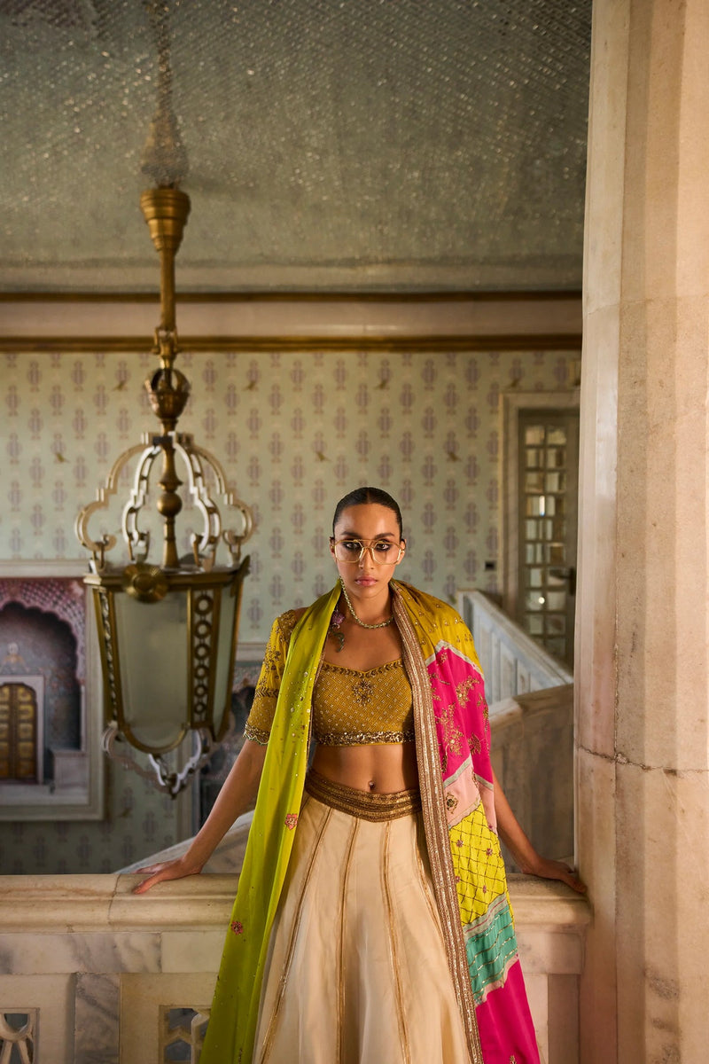 Retro Raani Ivory Organza Lehenga Set silk, silk organza and satin crepe lehenga sets by Rajiramniq in yellow for women in Singapore