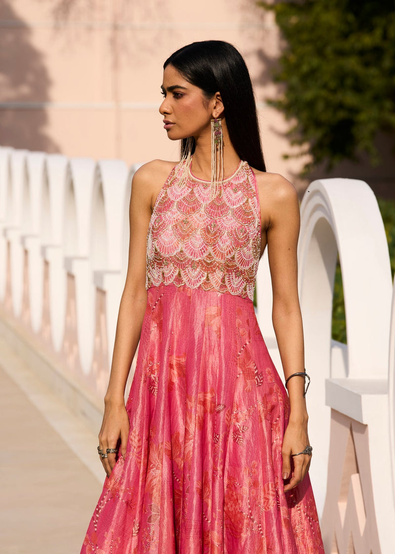 Retro Raani Candy Tissue Anarkali tissue silk kurta/kurta set by Rajiramniq in candy pink for women in Singapore