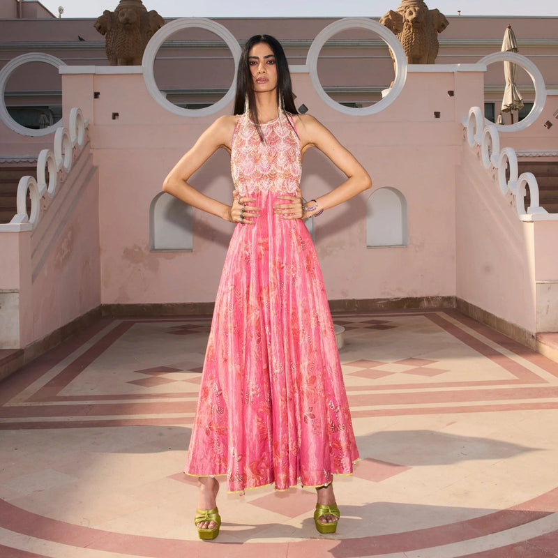 Retro Raani Candy Tissue Anarkali tissue silk kurta/kurta set by Rajiramniq in candy pink for women in Singapore