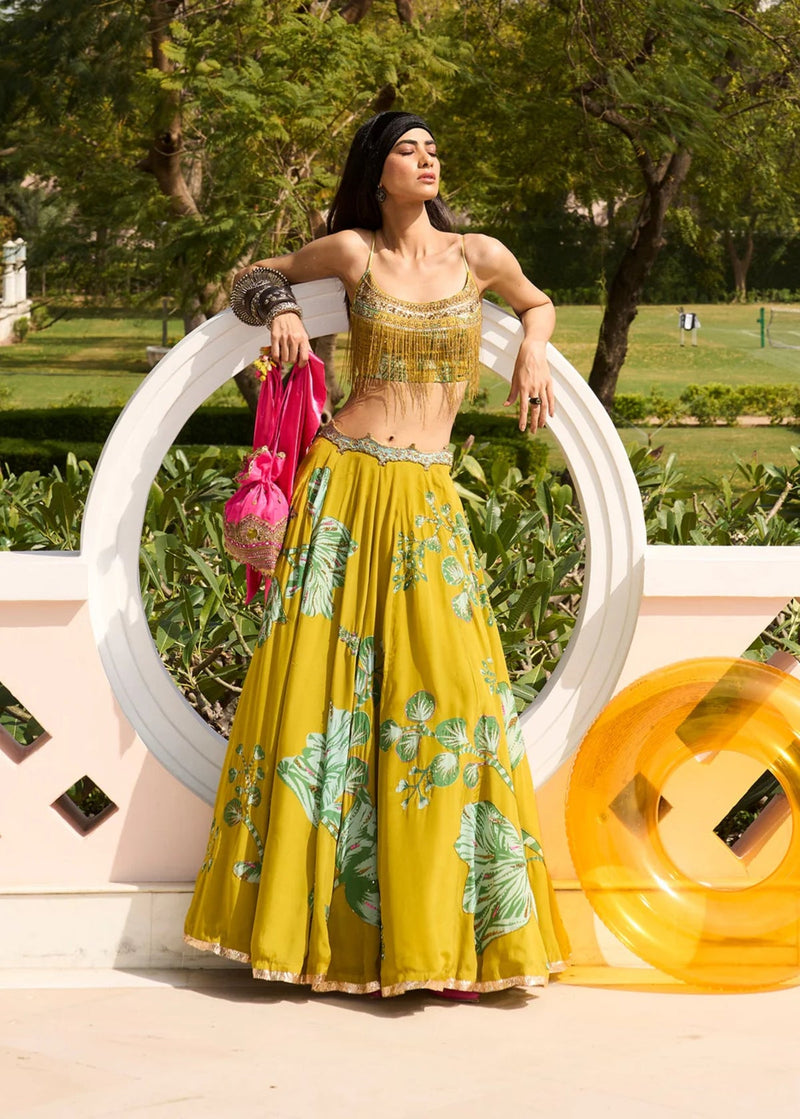 Retro Raani Yellow Sage Lehenga Set crepe, organza lehenga sets by Rajiramniq in lime yellow for women in Singapore