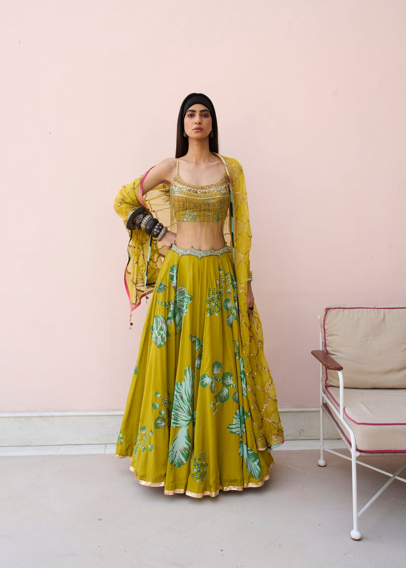 Retro Raani Yellow Sage Lehenga Set crepe, organza lehenga sets by Rajiramniq in lime yellow for women in Singapore