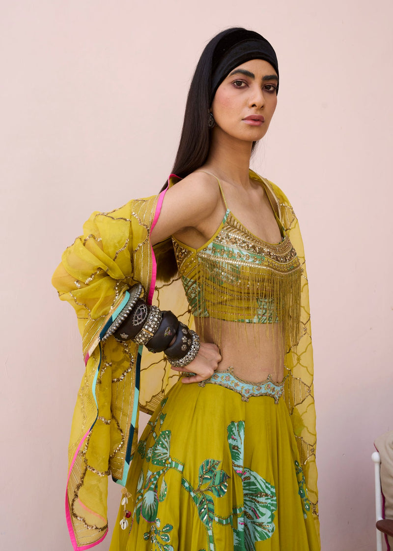 Retro Raani Yellow Sage Lehenga Set crepe, organza lehenga sets by Rajiramniq in lime yellow for women in Singapore
