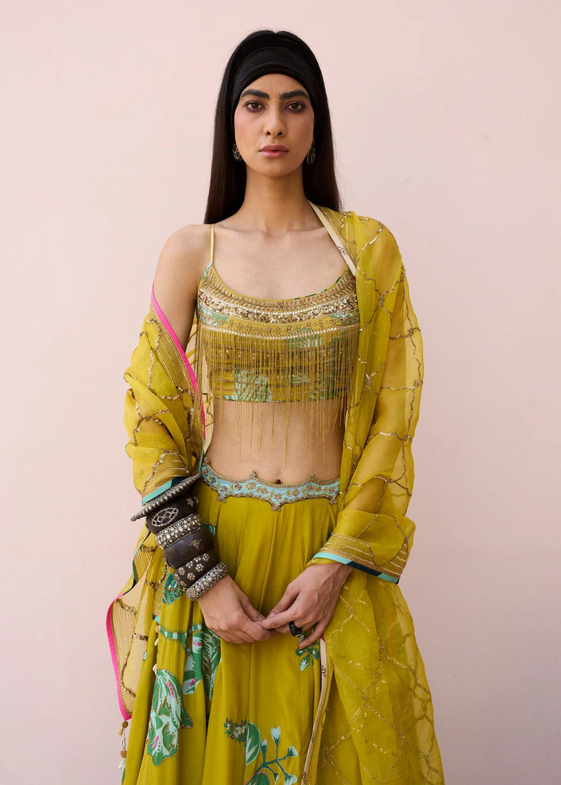 Retro Raani Yellow Sage Lehenga Set crepe, organza lehenga sets by Rajiramniq in lime yellow for women in Singapore