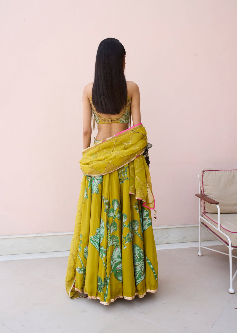 Retro Raani Yellow Sage Lehenga Set crepe, organza lehenga sets by Rajiramniq in lime yellow for women in Singapore