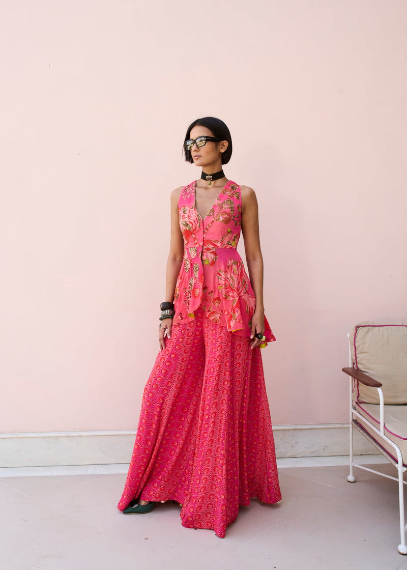Retro Raani Candy Peplum Sharara set crepe kurta/kurta set by Rajiramniq in candy pink for women in Singapore