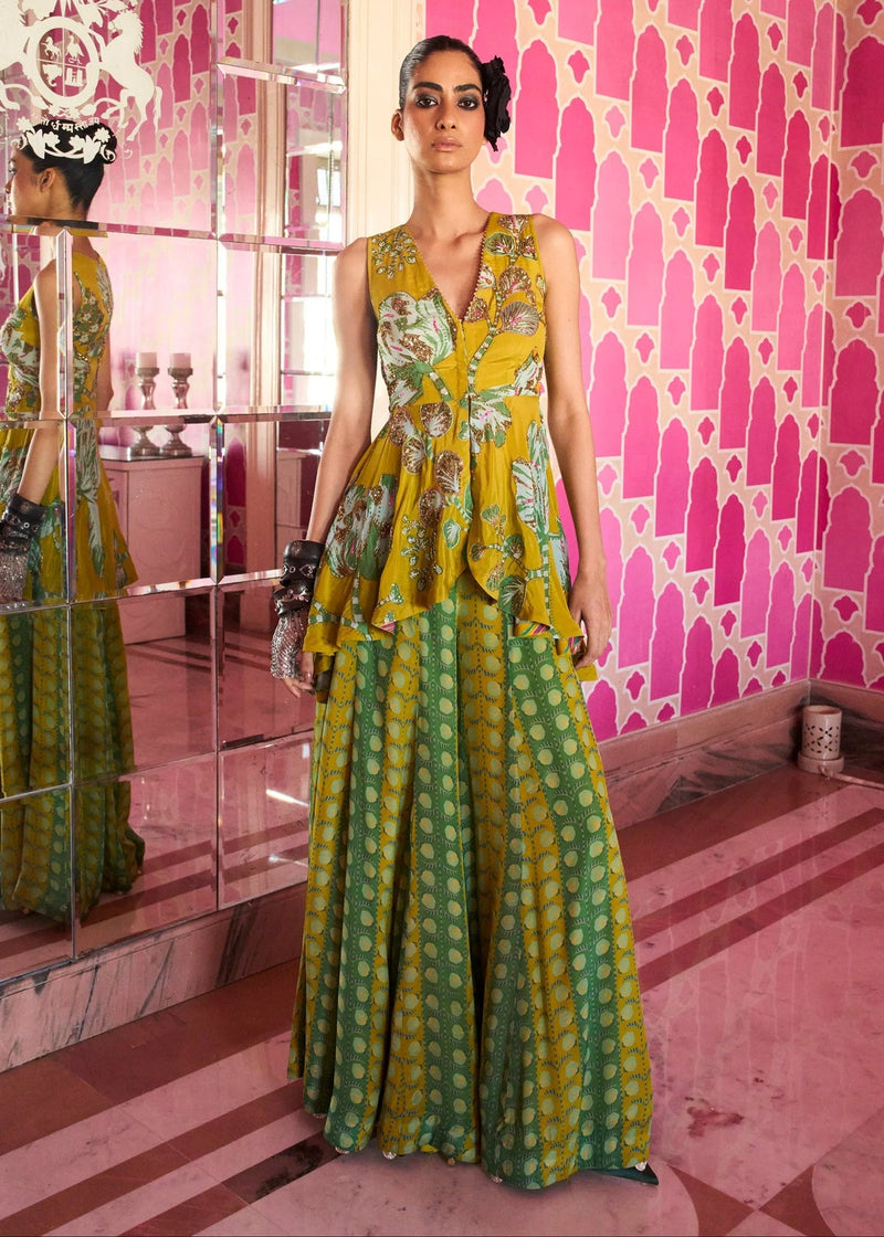 Retro Raani Yellow Sage Peplum Sharara set crepe kurta/kurta set by Rajiramniq in lime yellow for women in Singapore