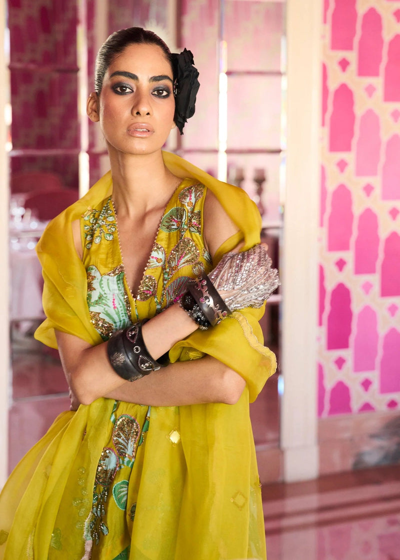 Retro Raani Yellow Sage Peplum Sharara set crepe kurta/kurta set by Rajiramniq in lime yellow for women in Singapore